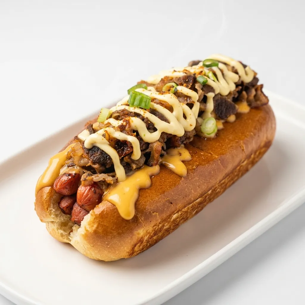 Beef Japadog in a brioche bun, Japanese street food at Takoyami in Calgary NE