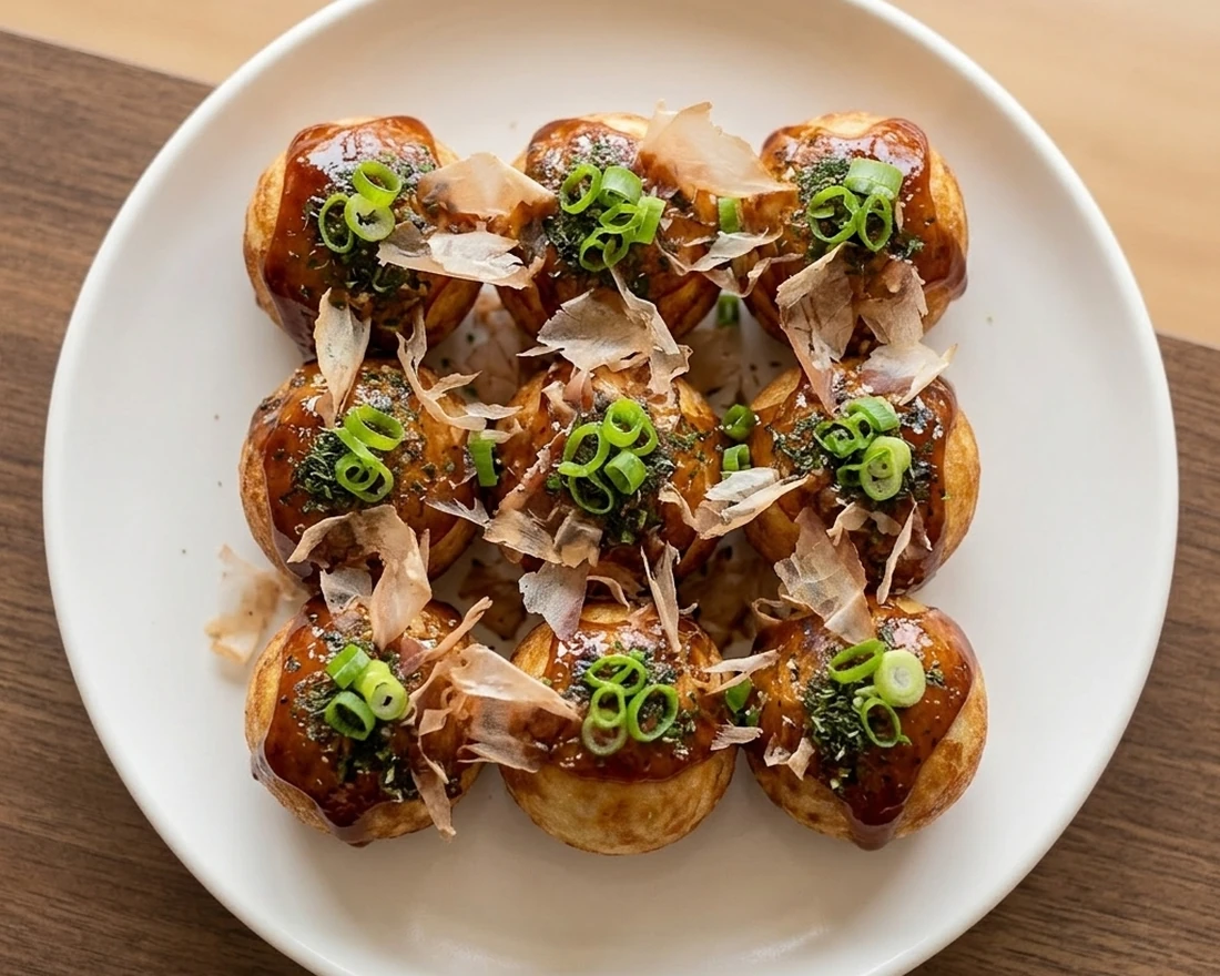 Classic Takoyaki octopus balls with takoyaki sauce and bonito flakes at Takoyami in Calgary NE
